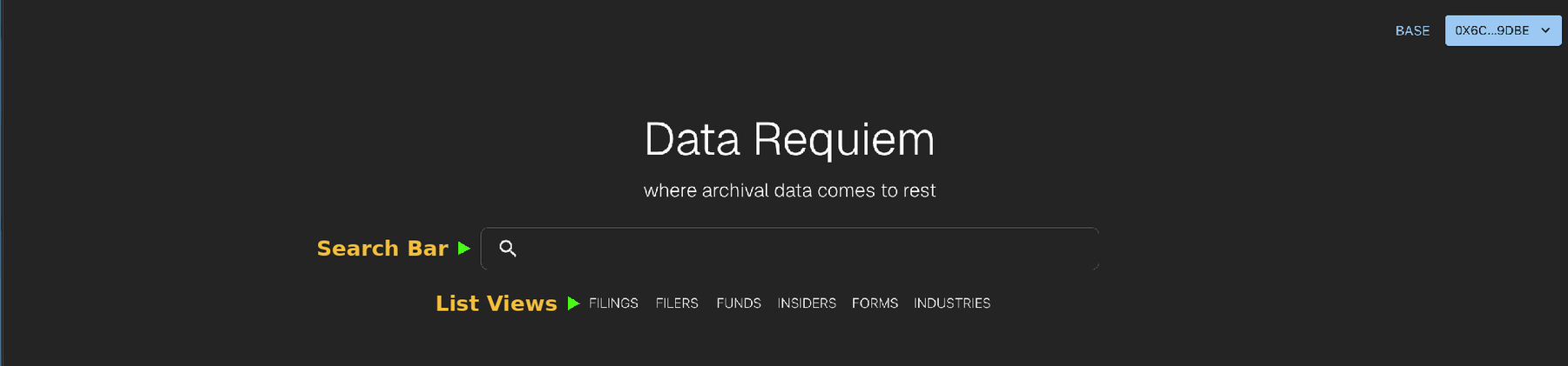 Data Requiem home page, with lime pointers labelling the search bar and the list view category tabs