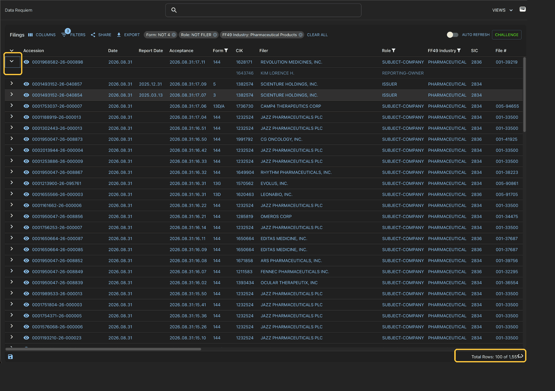 List view table with the row expansion arrow and total row count highlighted