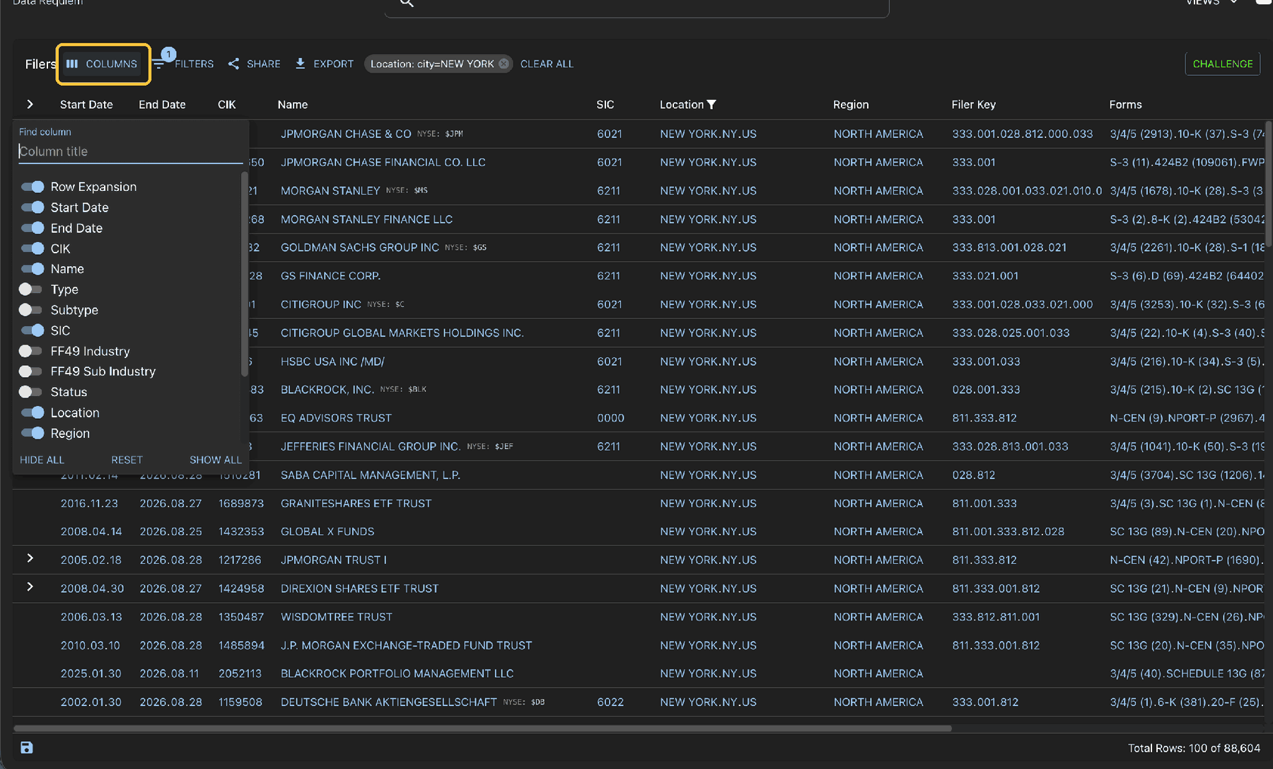 Columns menu with the COLUMNS button highlighted