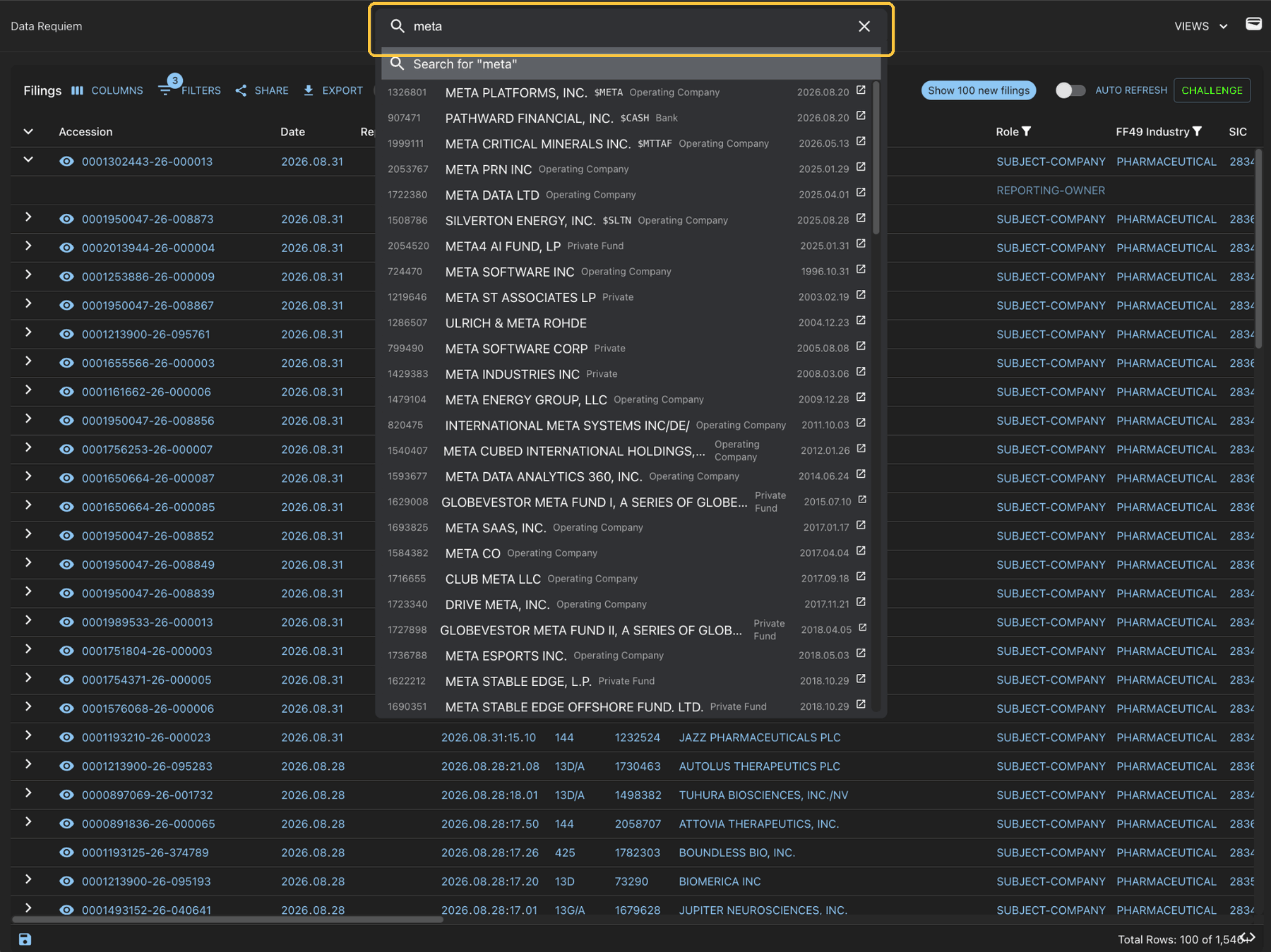 Search bar with a dropdown showing matching entities