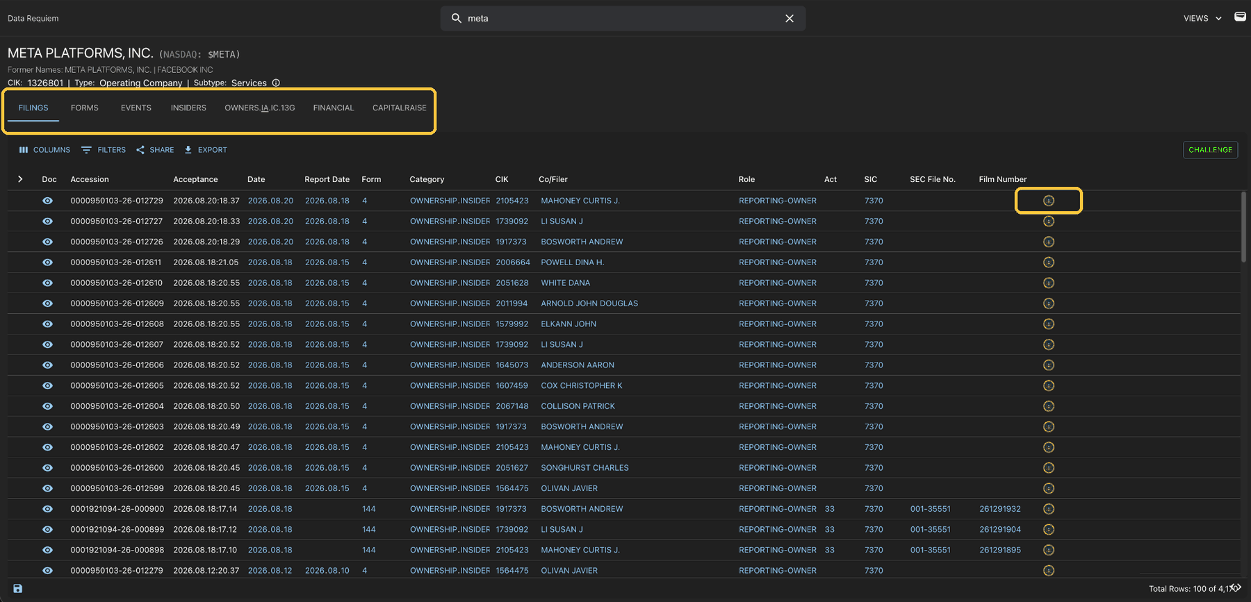 Entity view with the tab navigation and SEC link column highlighted